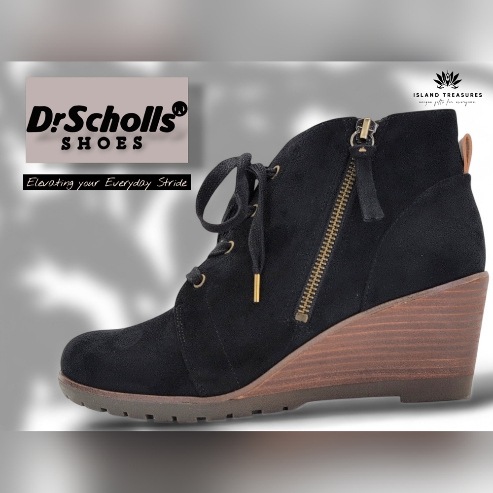 Dr. Scholl's Nelly Sz 8.5M Black Stach Heel Wedge Booties Faux Suede Side Zip